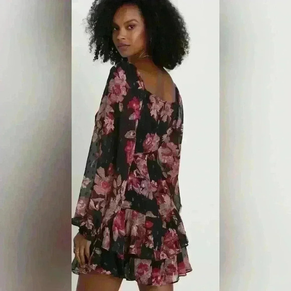 NWT Lulus Dramatically Dreamy Black Floral Chiffon Tiered Lurex Mini Dress - Picture 12 of 14